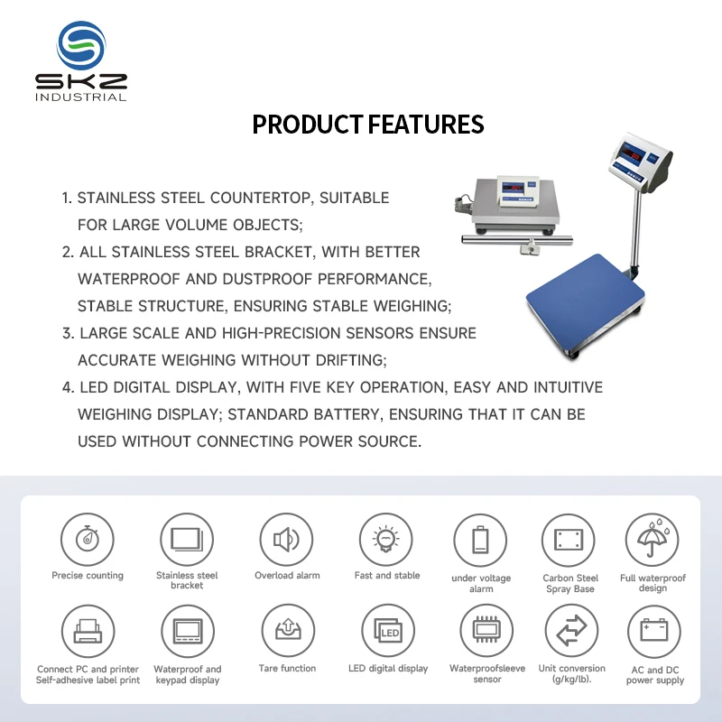 2026SKZ-K9 High Accurate Digital Industrial Platform Scale 150kg/300 Kg Bench Scale with Stainless Steel Pan
