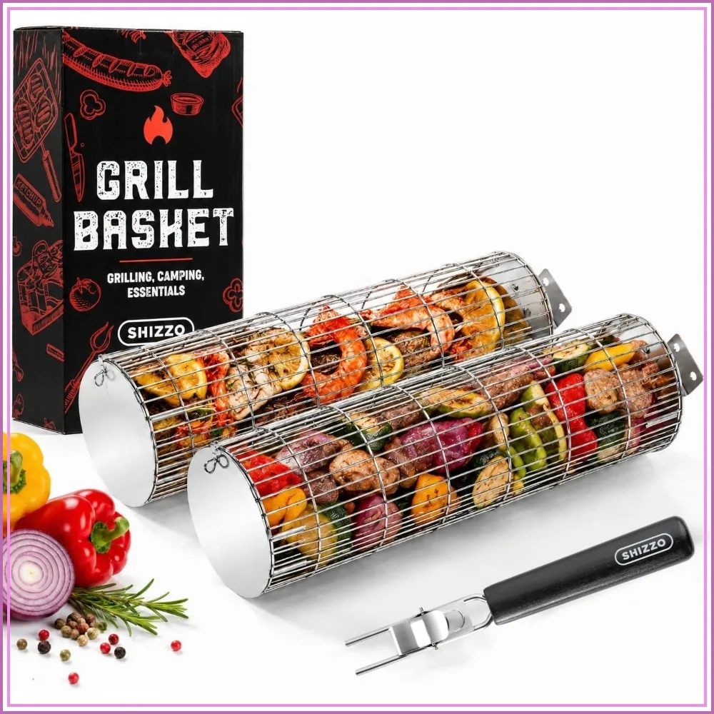 

Extra Sturdy Cylinder Grilling Basket, Stainless Steel BBQ Net Rack, Portable Outdoor Camping Accessories, Cooking Griller for Fish Vegetables, Set of 2