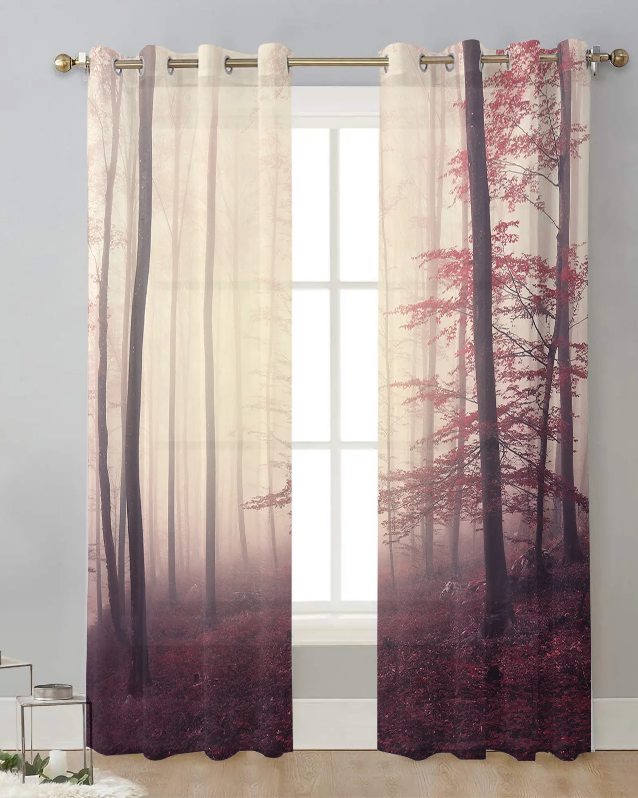 Woodland Autumn Theme Tulle Curtain for Living Room Bedroom Modern Sheer Curtains Transparent Window Curtain