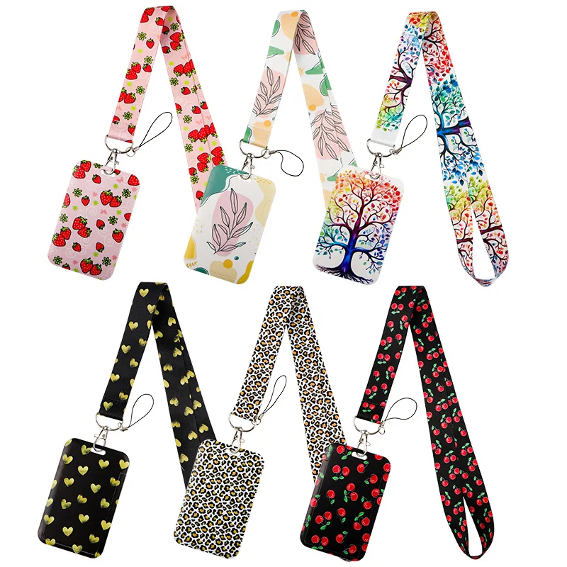 Leopard Print Love Strawberry Mobile Phone Lanyard Card Cover Bus Card Student Card Work Certificate Hard Shell