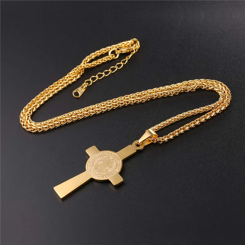 Collare Cross Pendant Men Stainless Steel Gold Color Medalla de San Benito Necklace Women Saint Benedict Medal Jewelry P084