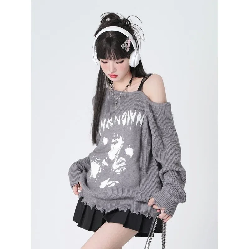 Deeptown Y2k Black Women Sweater Anime Off Shoulder Harajuku Japanese Fashion Knitted Pullovers Gothic Gyaru Loose Jumper Autumn