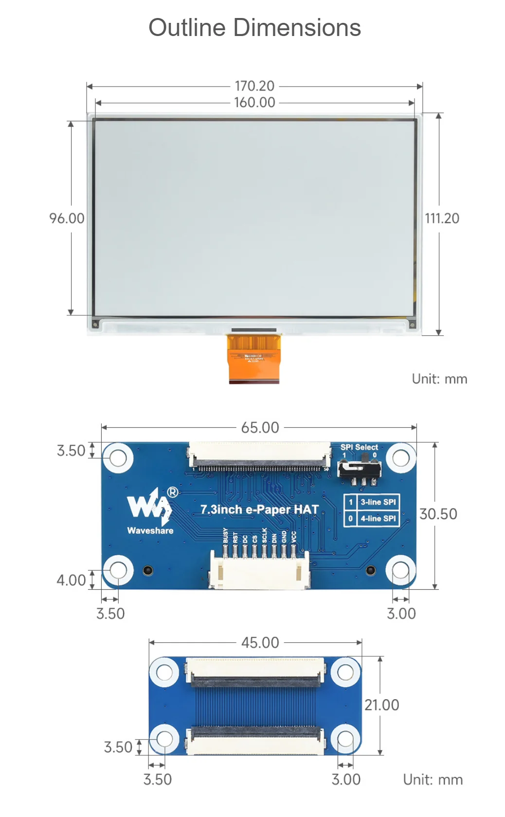 Papel electrónico de 7,3 pulgadas (G), 800x480, ángulo de visión amplio de baja potencia, rojo/amarillo/Negro/blanco para Raspberry Pi