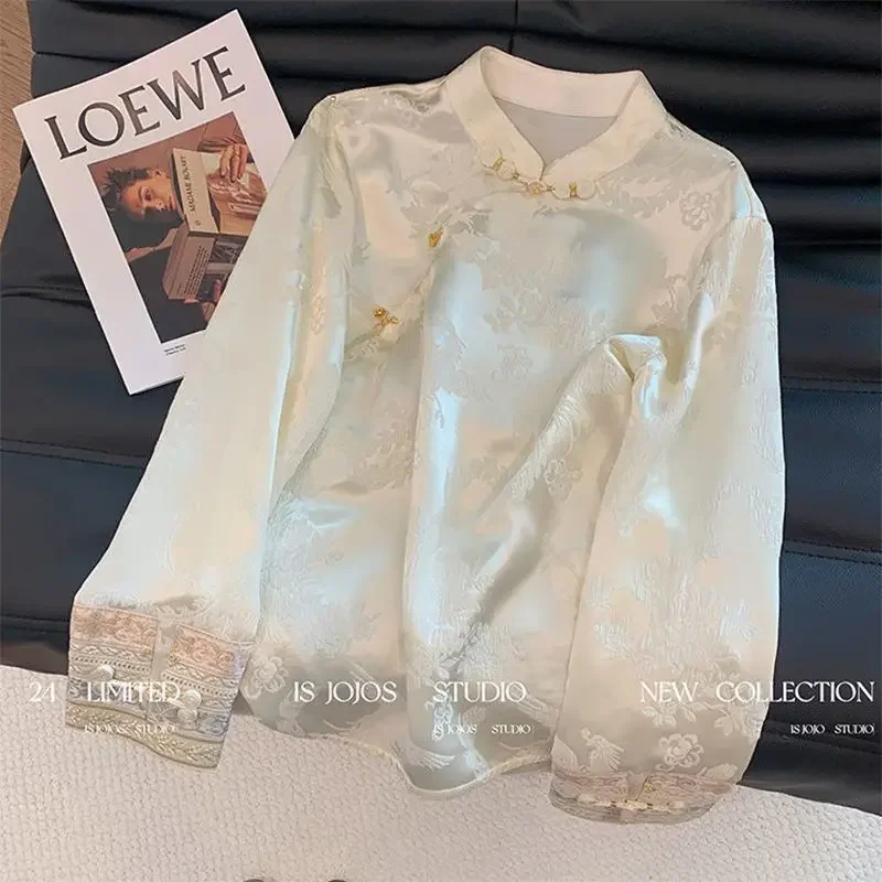 

New Chinese Style Slanted Jacquard Satin Shirt Top for Women's Light Chinese Style Fashionable Temperament Inner Shirt