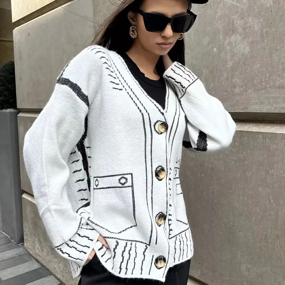 秋のジャカードニットカーディガンルーズ V ネックジャケットシングルブレストセーター長袖コートカジュアル原宿レディーストップス
