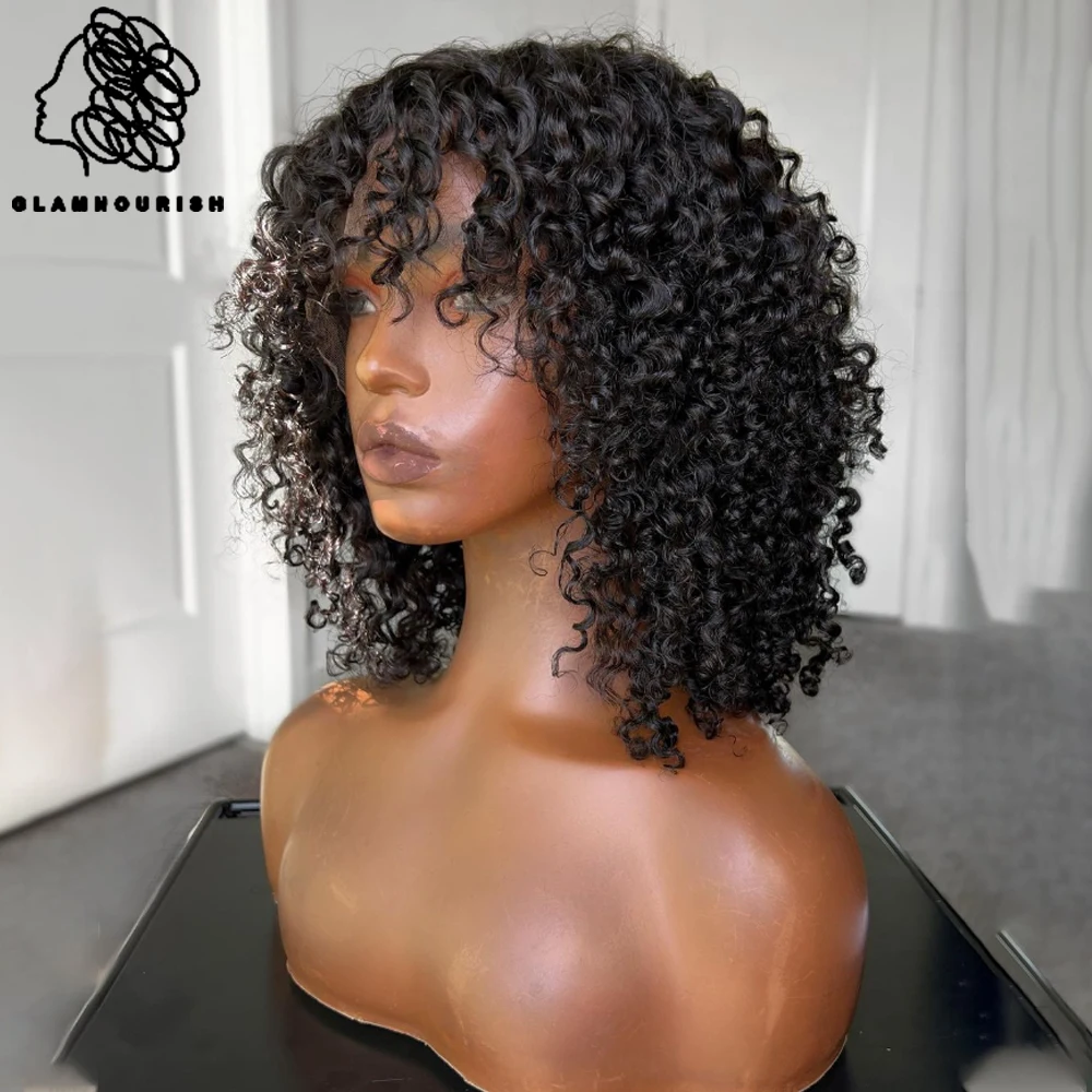 

Short Bob Curly Human Hair Wigs With Bangs 180% Density Jerry Curly Glueless Wig Highlight Honey Water Wave Wigs Natural Black