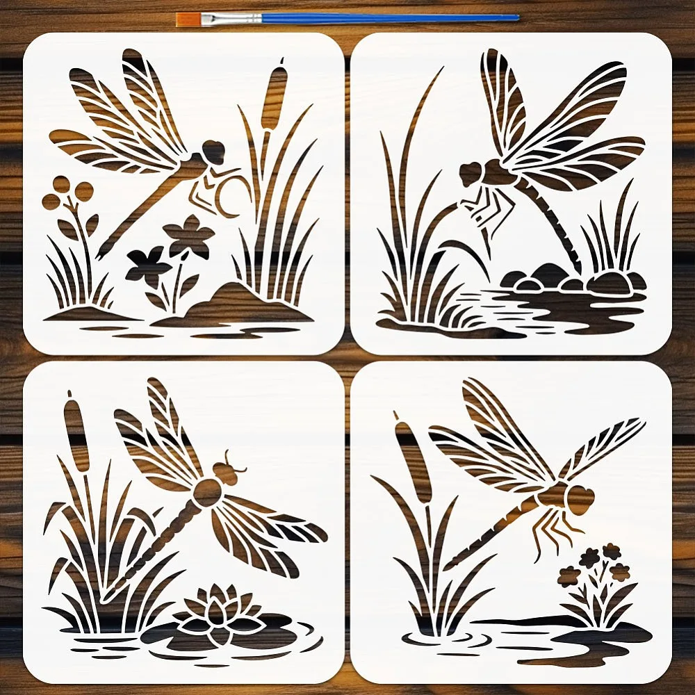 4Pcs Dragonfly Pattern Stencils with a Brush 7.9x7.9Inch Dragonflies and Ponds Painting Stencils PET Summer Dragonfly Stencil