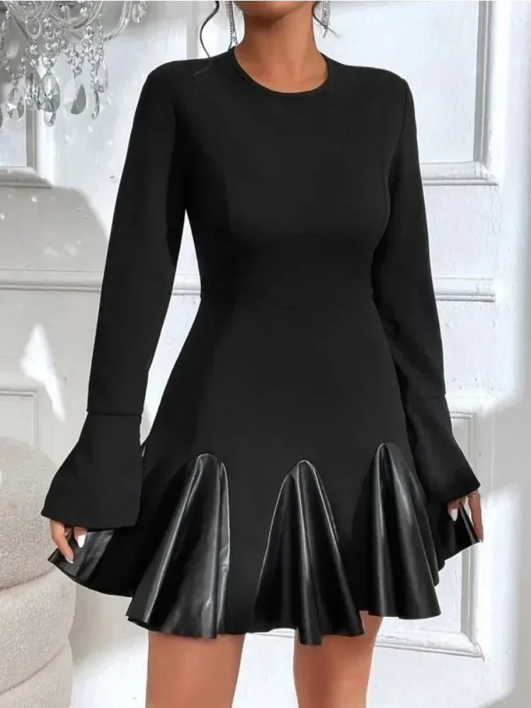 

Women Fashion Half High Collar Club Dress Ladies Casual PU Leather Party Patchwork Long Sleeve Dress