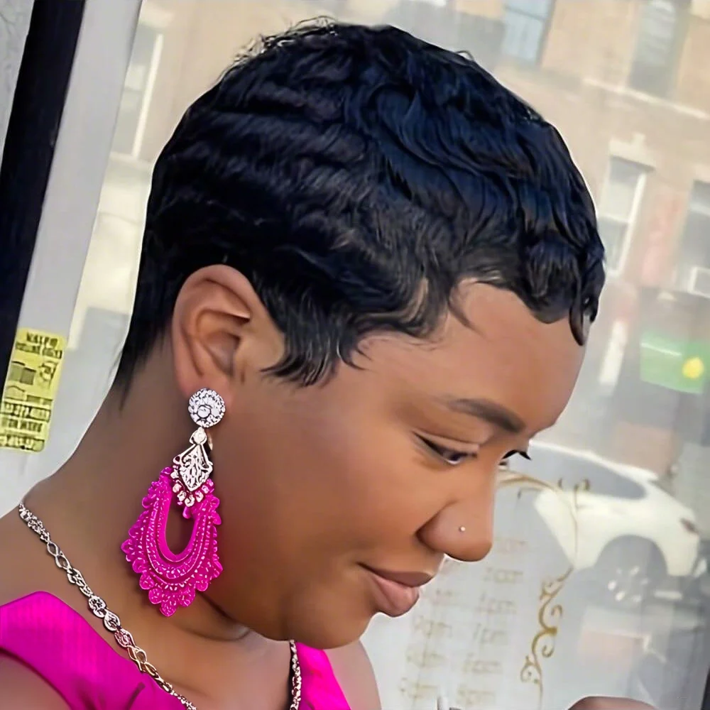 

Короткий парик из натуральных волос с стрижкой пикси, машинная работа с предварительно стилизованной челкой, не спутывающая естественная линия волос для женщин