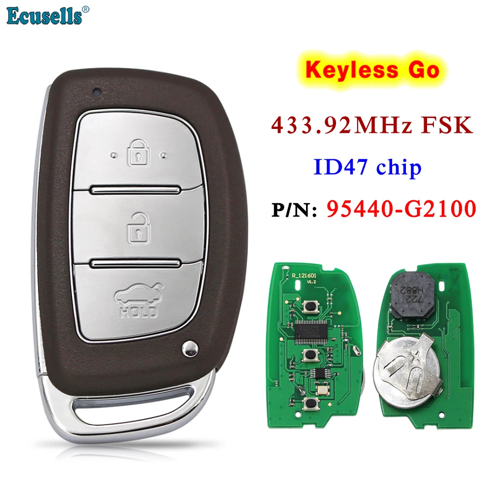 Ecusells 3 Button FSK 433.92MHz Keyless-Go Remote Key Fob NCF2971X / HITAG 3 / 47 Chip / for Hyundai IONIQ PN: 95440-G2100