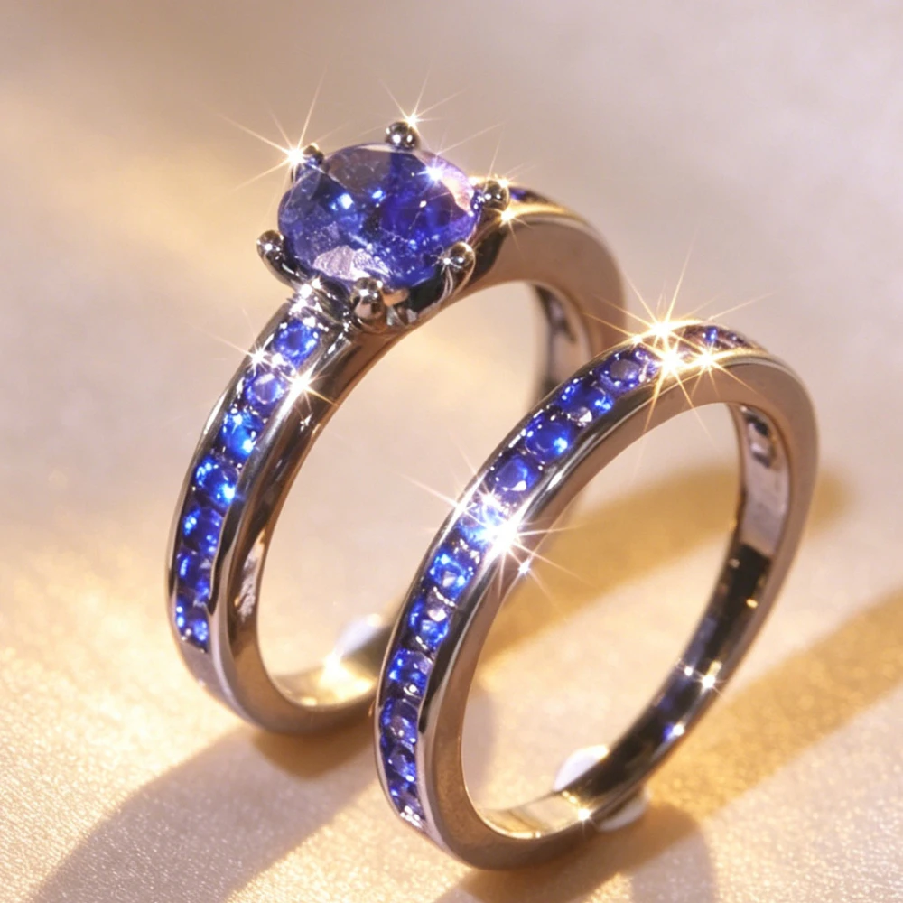 2Pcs Blue Sapphire Ring Set, Round Cut Center Stone with Paved Side Stones, Stackable Wedding Promise Rings for Women