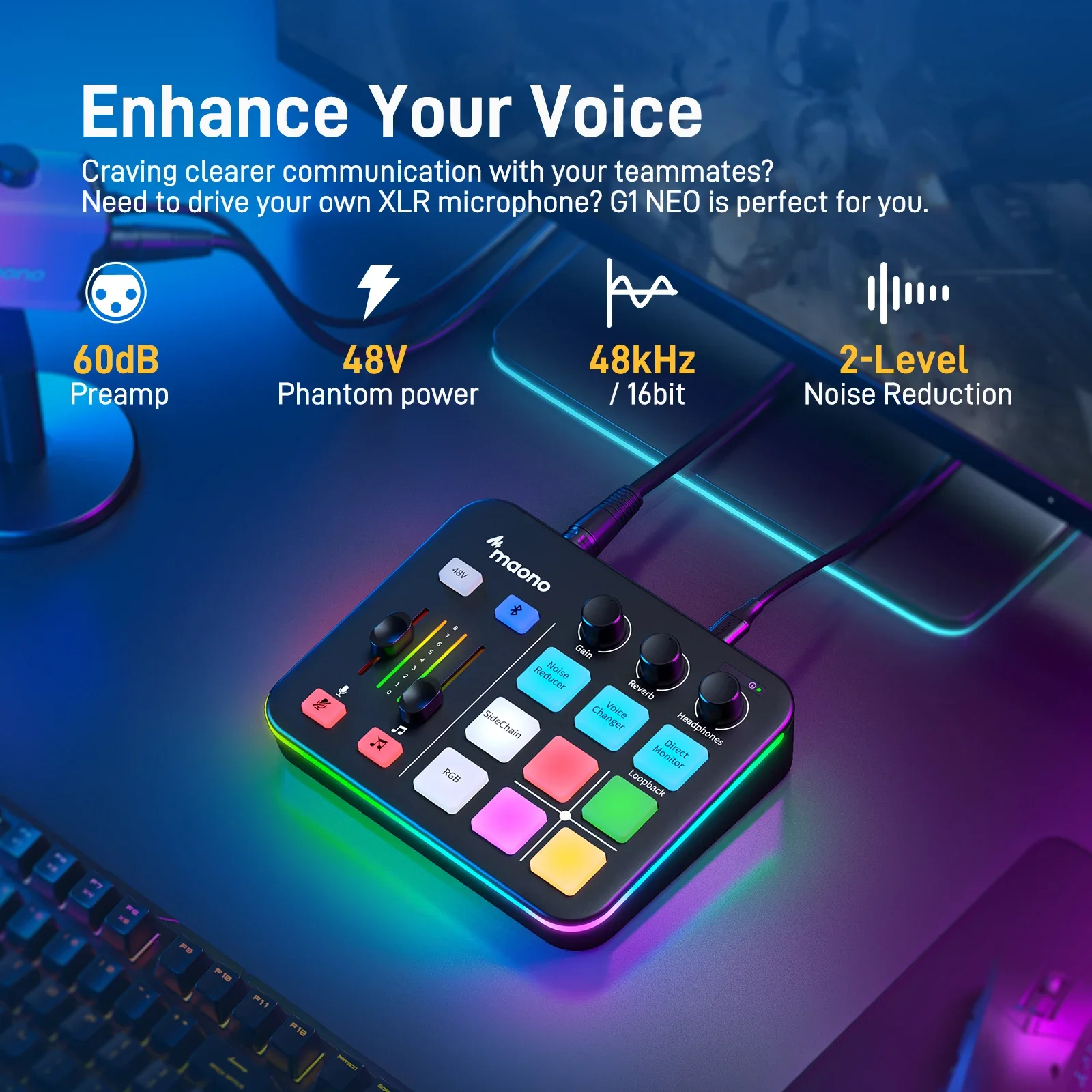 MAONO G1 NEO Gaming Audio Mixer,Custom Sound Effects RGB Streaming with XLR Microphone Audio Interface,for Game Voice,Podcast