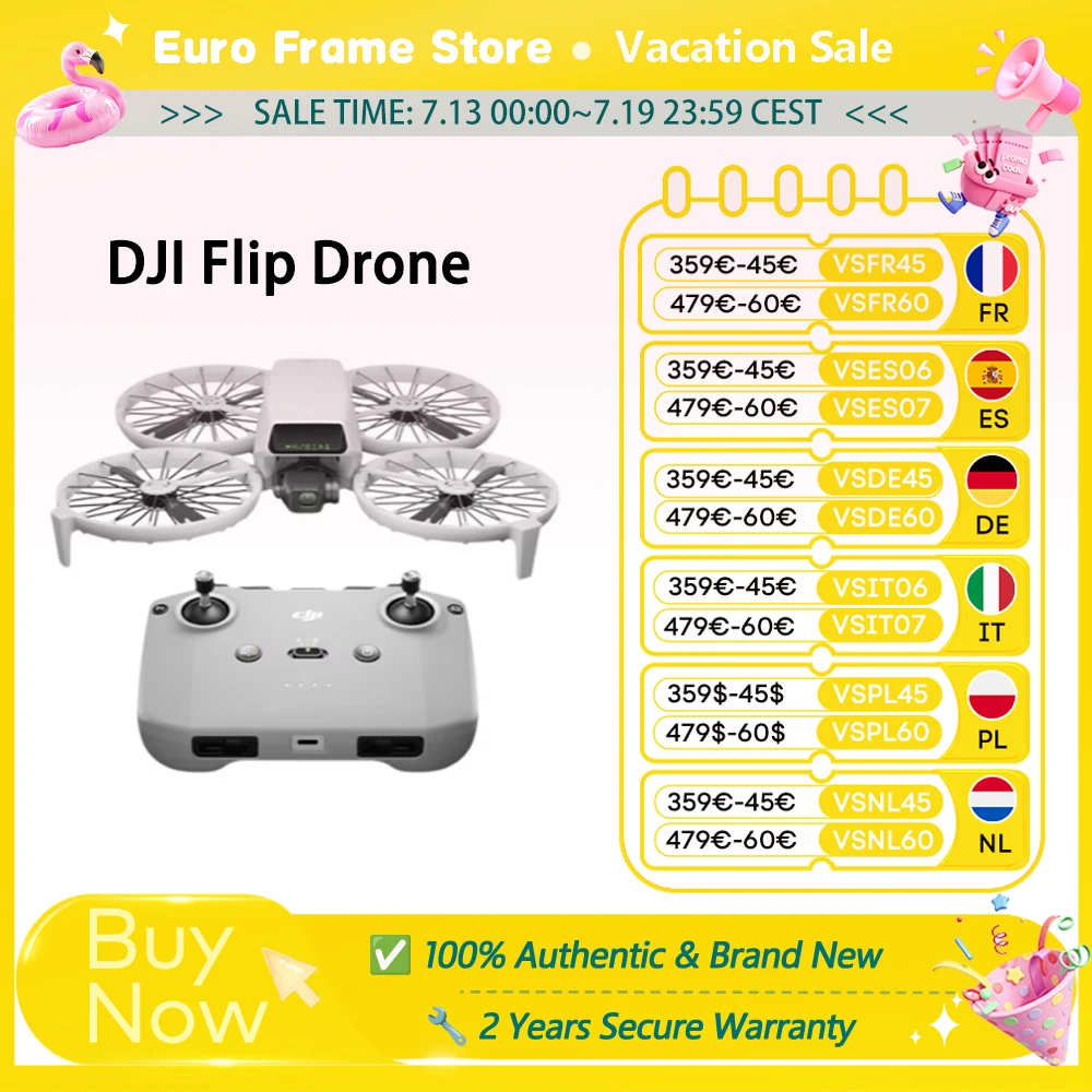 DJI Flip Drone DJI con fotocamera Flip, videocamera 4K UHD, meno di 3 kg, stabilizzazione a 3 assi, trasmissione video fino a 13 km, originale