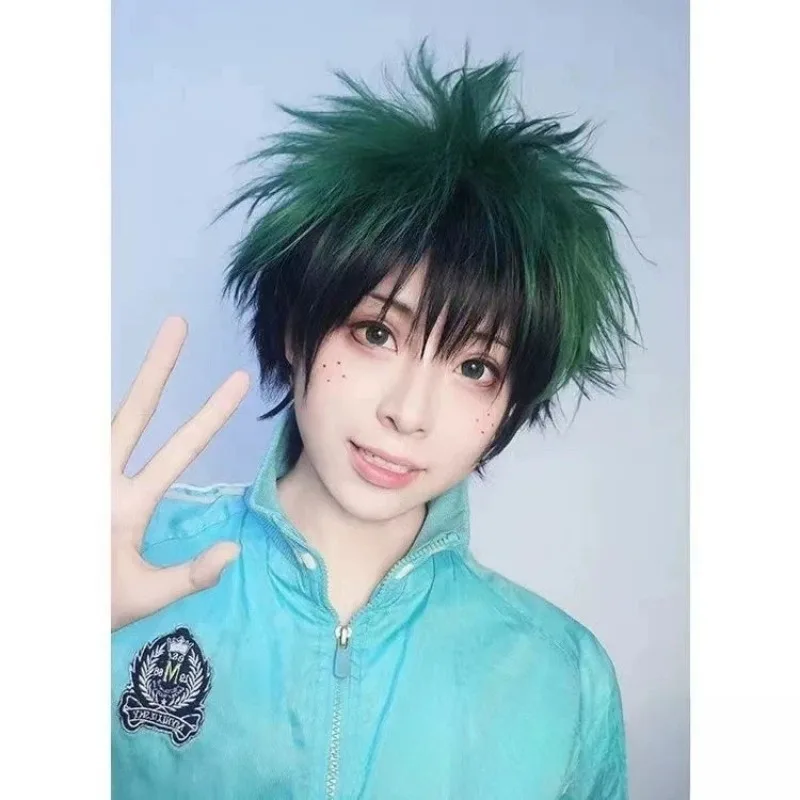 Peluca Verde Negro Degradado Corto Rizado Anime Cosplay Pelo para Hombres Fiesta de Disfraces de Halloween