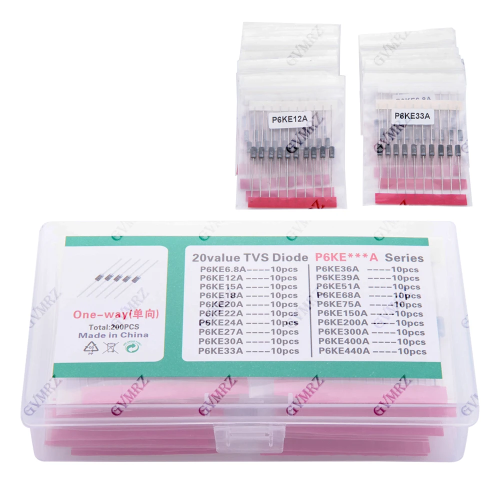 Kit de transistores TVS, 200 Uds., 20 valores x 10 Uds., P6KE6.8A/A 22/24/27/30/33/36/39/51/68/75A/A, diodo TVS 12/15/18/20A