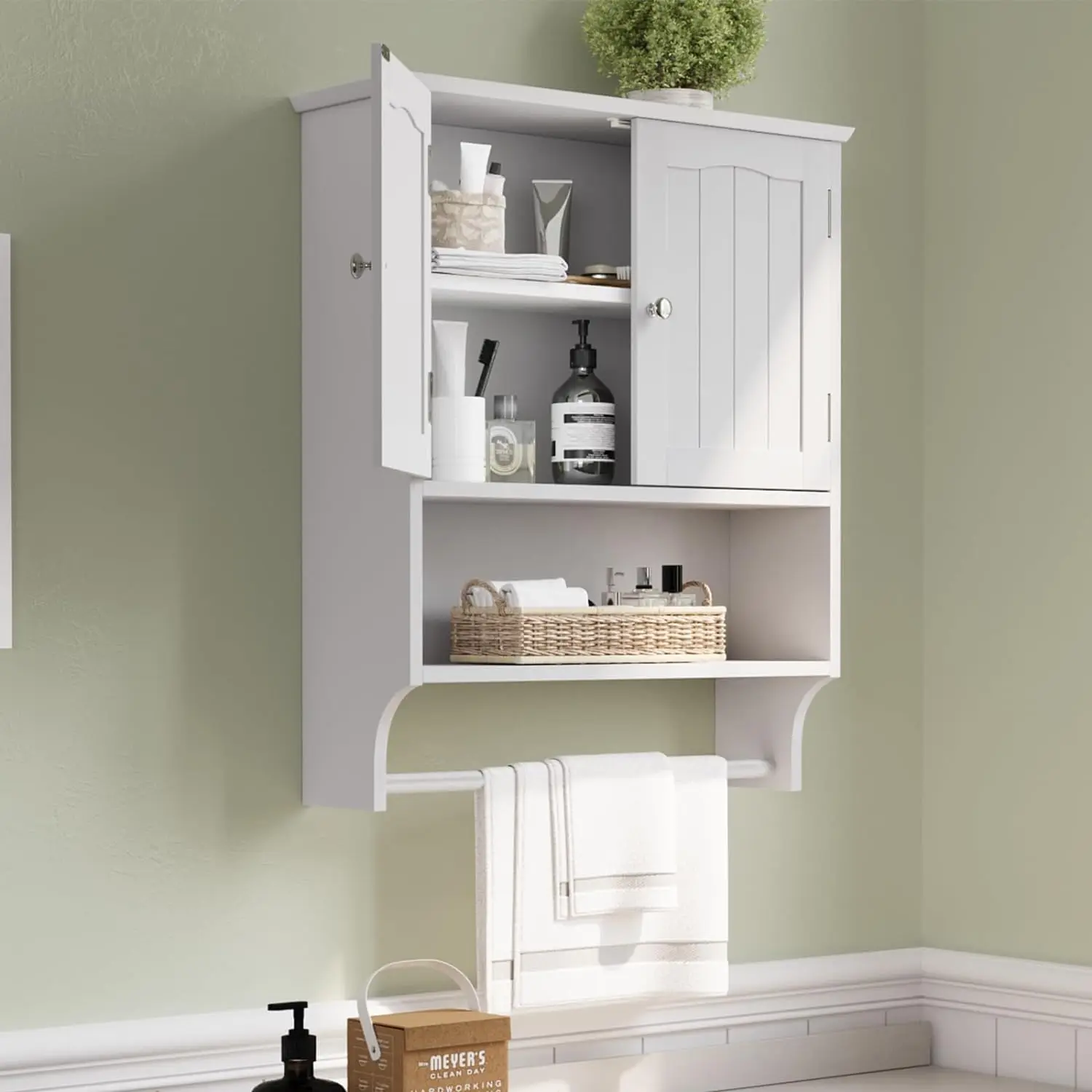 

White Bathroom Cabinet Wall Mounted with Towels Bar, Bathroom Over Toilet Cabinet for Bathroom Laundry Room Kitchen