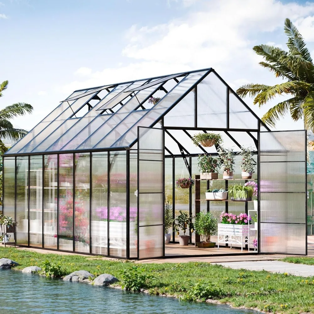 10x16 FT Greenhouse，Upgraded Polycarbonate Greenhouse W/3 Vents Window, Swing Door & T Connector，Walk-in Green House