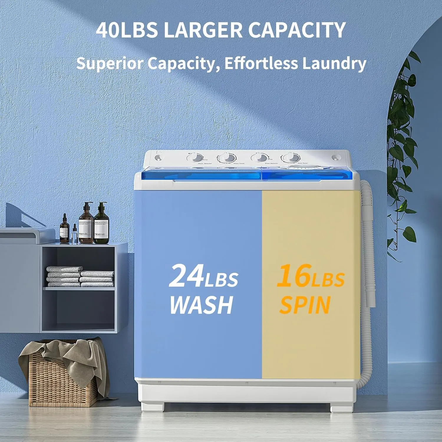 Portable Washing Machine, 40Lbs Compact Washing machine, Twin Tub Laundry Washer Machine with Built-in Drain Pump, Semi