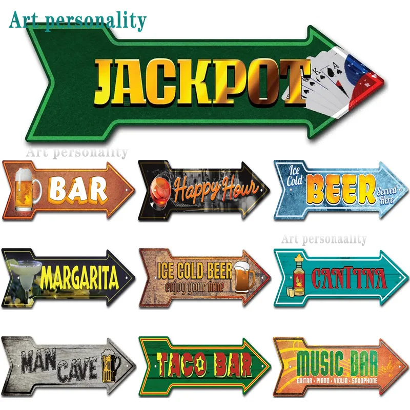 Bar Vintage Arrow Signs Retro Ice Cold Beer Signs for Wall Decoration Man Cave Garage Wall Tin Sign 17.8