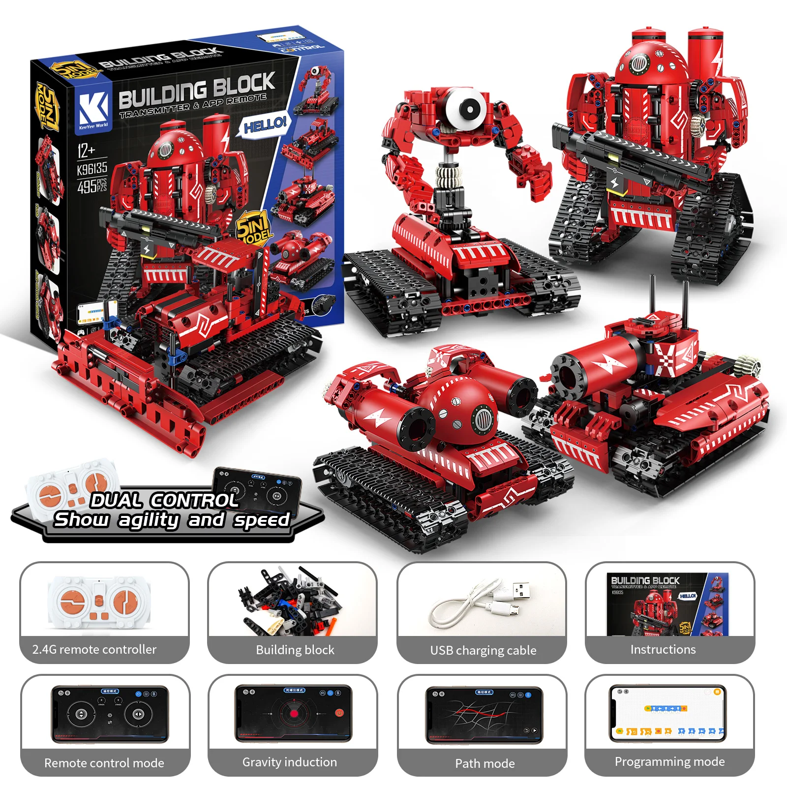 

MOC 495PCS 5 in 1 Creative Electric RC APP Bulldozer Robot Stunt Car DIY Building Blocks Tank Children's Puzzle Toy Gifts