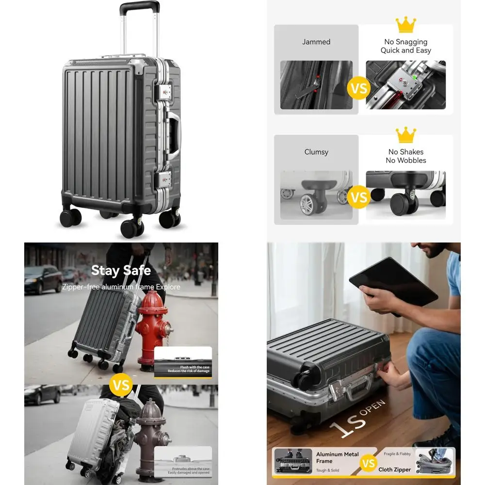 

20 Inch LUGGEX Spinner Luggage - Aluminum Frame, Zipperless Polycarbonate Hard Shell Suitcase in Charcoal Metal Finish