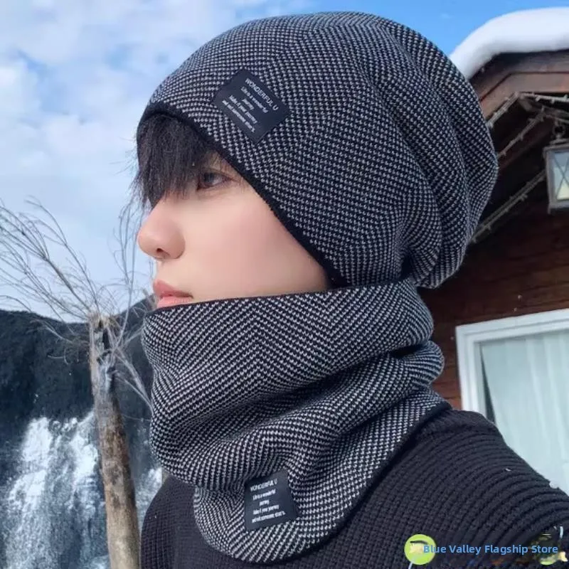 

Утепленная вязаная шапка-капюшон и шарф для мужчин, ветрозащитный комплект для активного отдыха, новинка 2025 года, бренд Fly Blue Valley