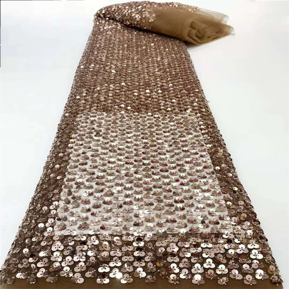 Tecido de renda lantejoulas africano Material frisado Tecidos de luxo para vestido de casamento Vestido de casamento nigeriano Alta qualidade, 5 jardas, 2024