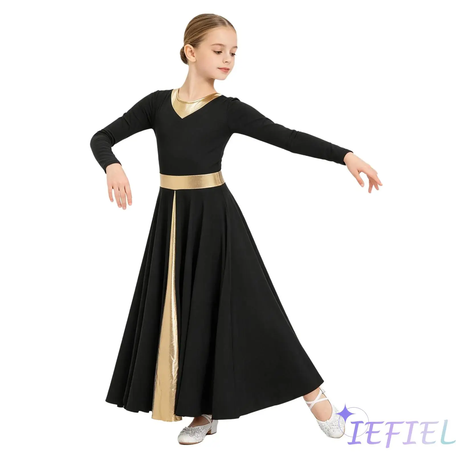

Praise Lyrical Dance Maxi Dress for Girls Long Sleeve Metallic Back Invisible Zipper Dress Church Worship Modern Dance Costume