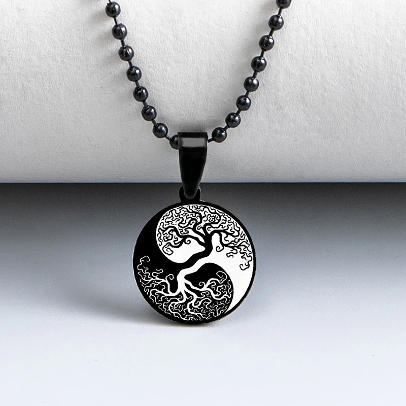 Ethnic Chinese Yin Yang Tai Chi Necklace Round Stainless Steel Tree Of Life Necklaces For Men Taoist Jewelry