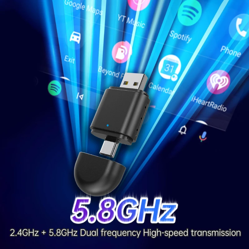 محول سيارة لاسلكي مع موصل مزدوج ، توصيل وتشغيل USB ، دونجل سيارة تلقائي ، 2 في 1 ، نوع-C