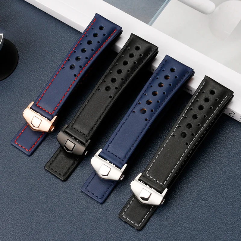 22mm Double-sided cowhide for TAG HEUER MONACO CARRERA CAW218E Men Wristwatches Band Fold Buckle Watch Strap Accessories