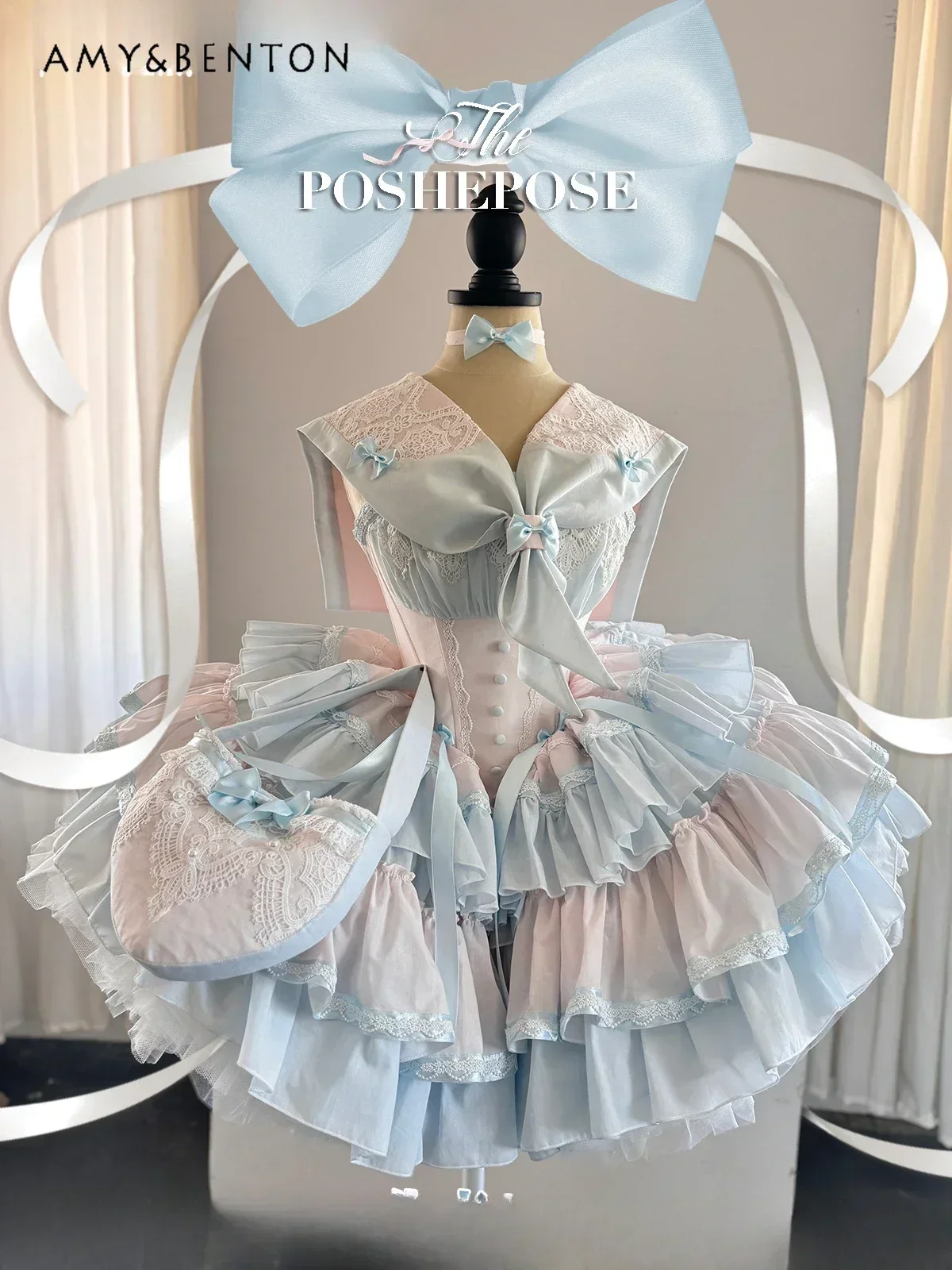 Kawaii Temperament High-Grade Princess Dress for Women Sweet Cute Bow Patchwork Slim Ball Gown Dresses Sexy Hot Girl Mini Dress