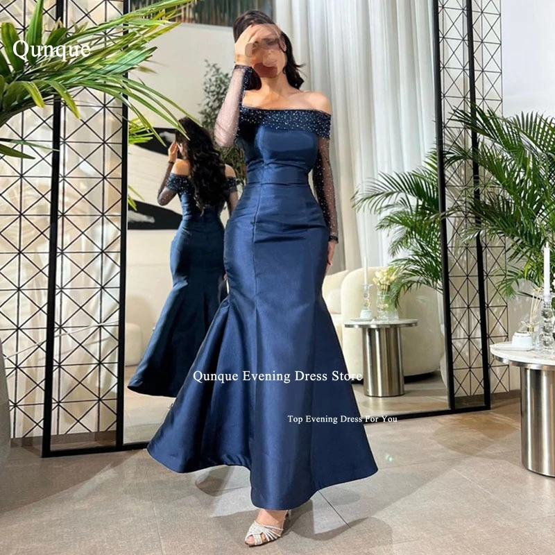 

Qunque Gala Navy Blue Mermaid Prom Dress Strapless Luxury Sequins Girls Satin Evening Gowns Saudi Arabia Formal Occasion Dresses