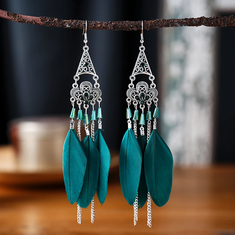 Bohemian Ethnic Long Feather Earrings For Women Retro Elegant Colorful Rhinestone Crystal Drop Earring Female Jewelry Pendientes