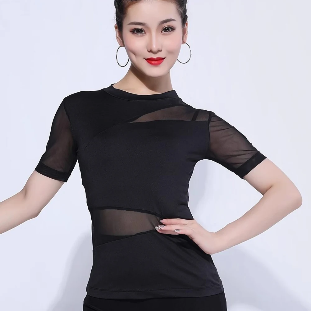Dancing Top Short Sleeve Samba Latin Dance New Professional Dance Dress Ball Mesh Sexy Shirt Round Neck