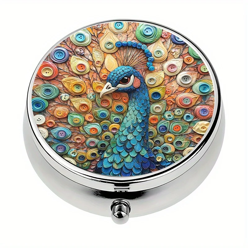 Single pack, peacock-themed pill box, contains 3 pill compartments, portable small pill box, suitable for handbags, travel pill box, unique travel gift, best Christmas gift