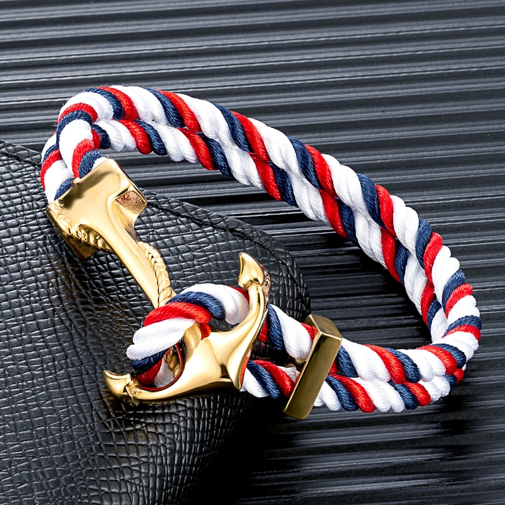 MKENDN Fashion Men Anchor Bracelet Woven Multilayer Survival Rope Bracelets For Women Gold Color Stainless Steel Sailor Buckle