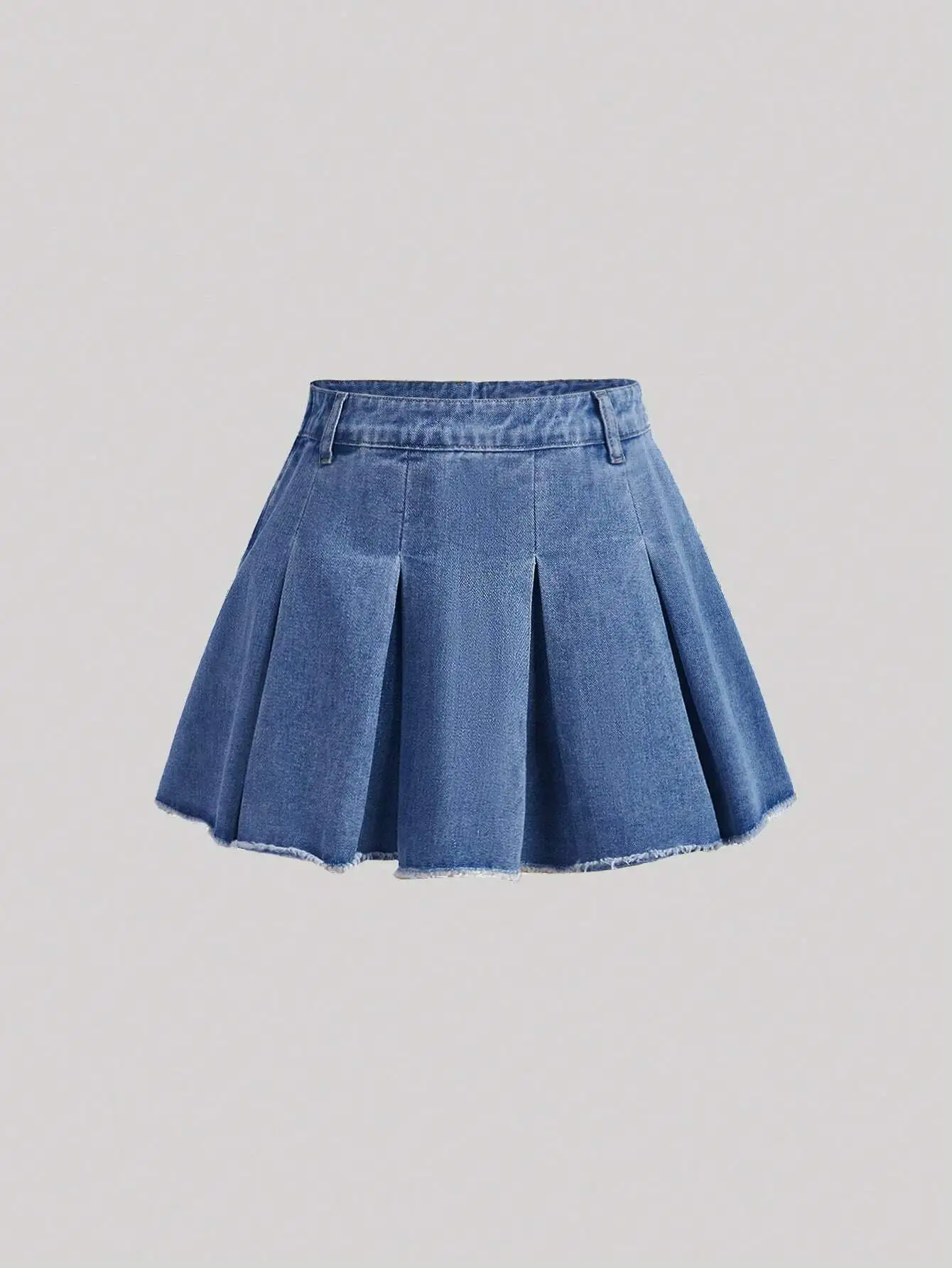 

Women's Denim Pleated A-Line Mini Skirt with Frayed Hem