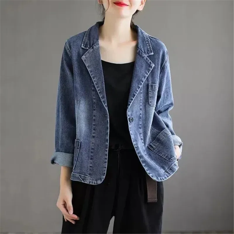 Denim Jackets Women Куртка Женская Casual All-match Simple Basic New Design Autumn Blue Turn-down Collar Cozy Fashion Jean Coat