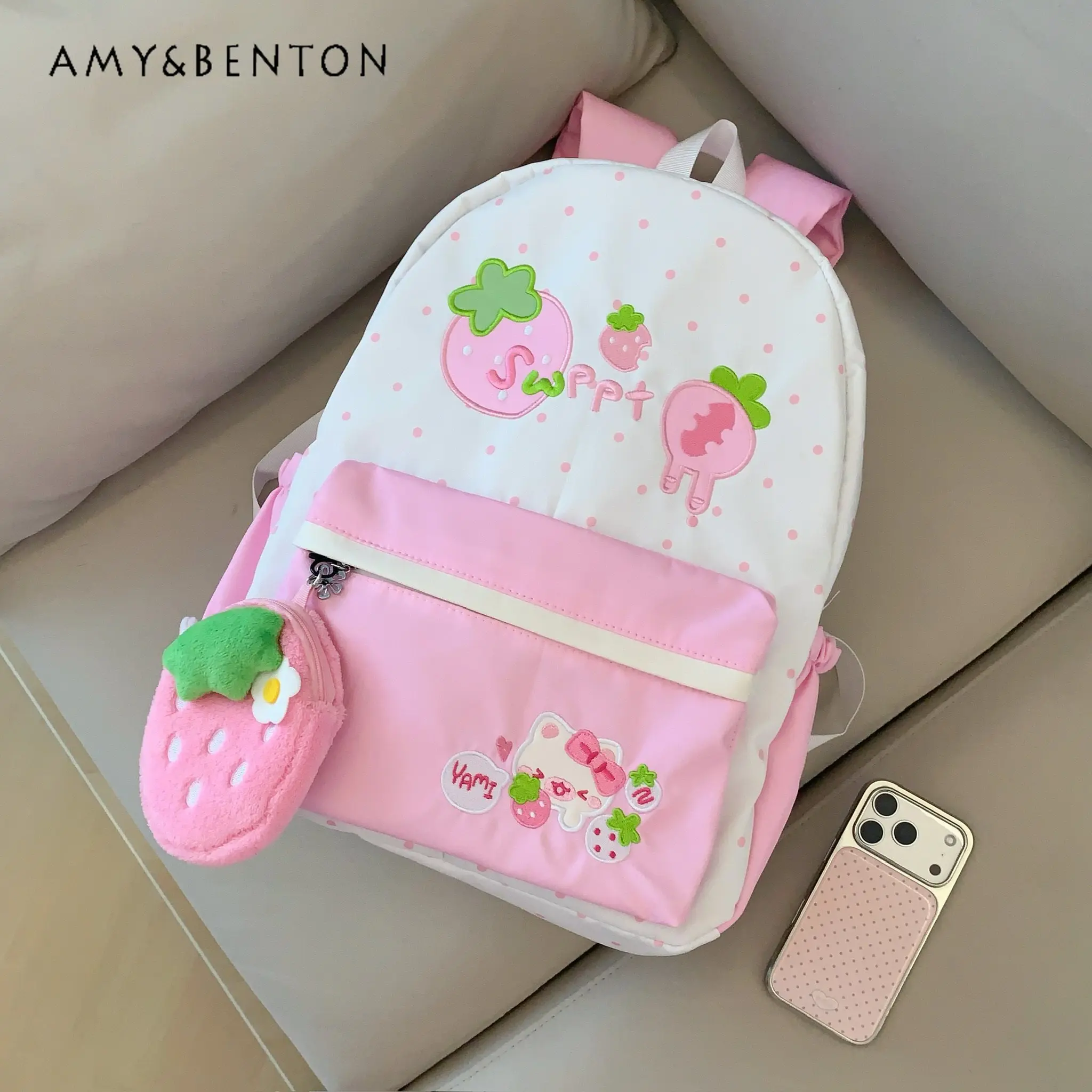 

Cute Daily Versatile Strawberry Polka Dot Embroidery Student Schoolbag College Style Sweet Splicing Color Polka Dot Backpack