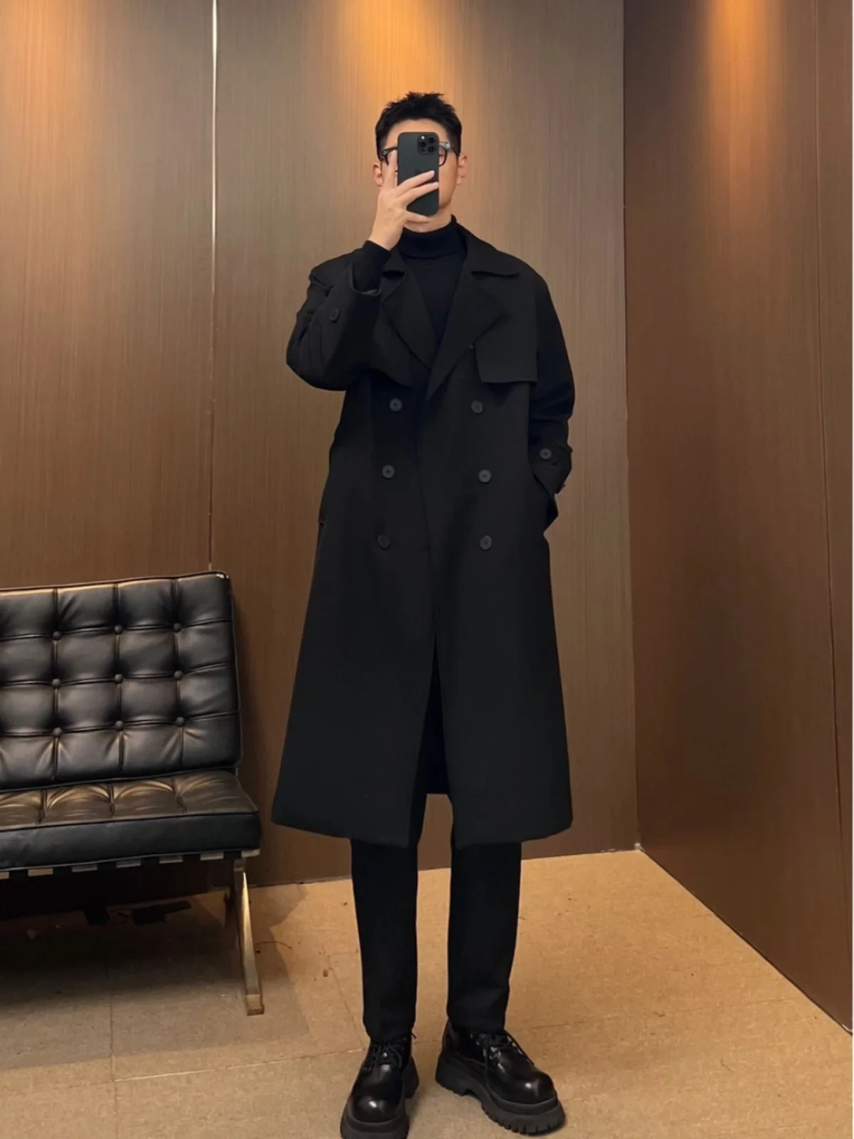 

Men's Winter Long Over-Knee Cotton Thiened Double-Breasted Coat Warm Windbreaker Faionable Casual Sle Polyester Fiber