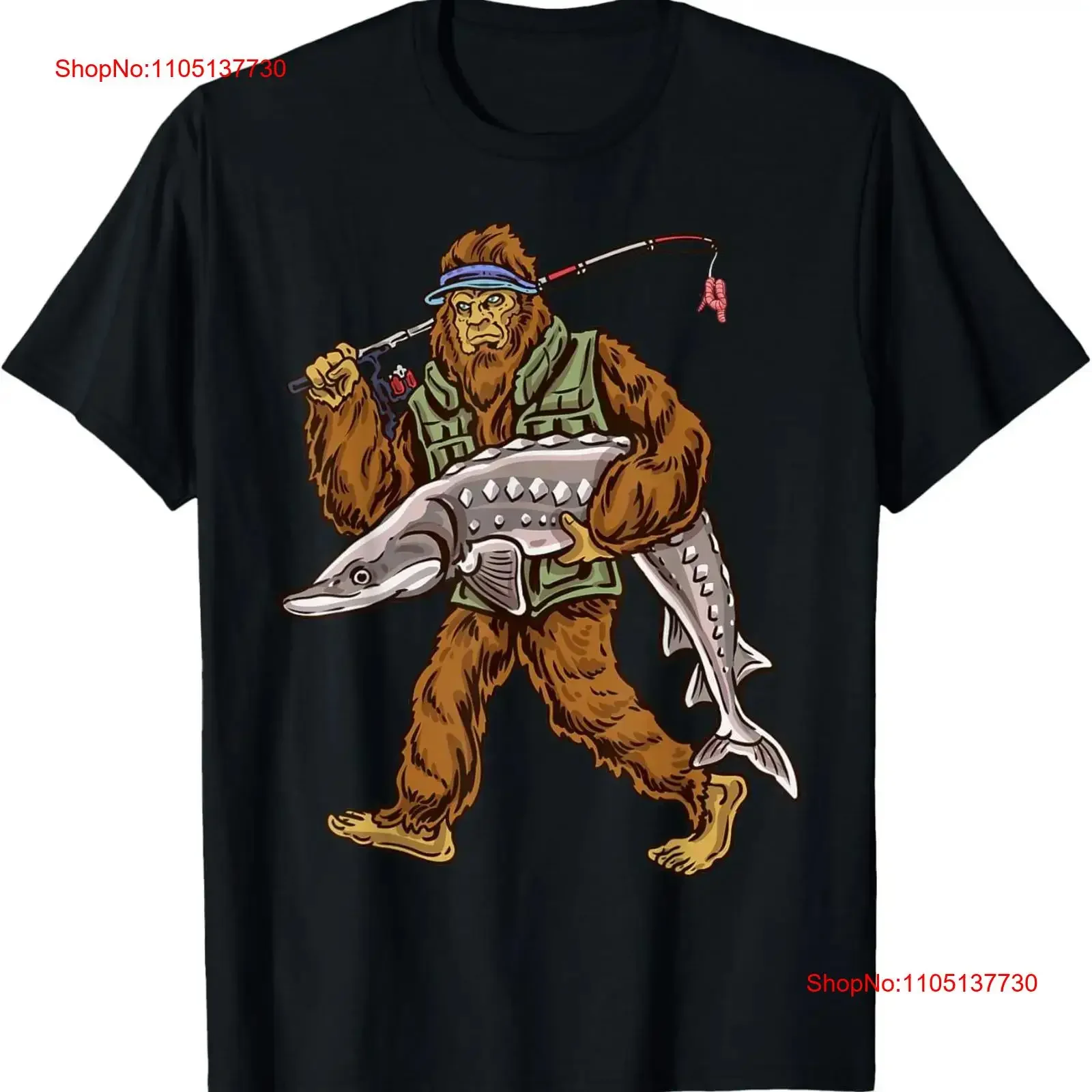 Camiseta negra de pesca de esturión para hombre, camiseta de caza Bigfoot, ropa de calle cómoda lavada vintage, gráfico para hombre con estilo