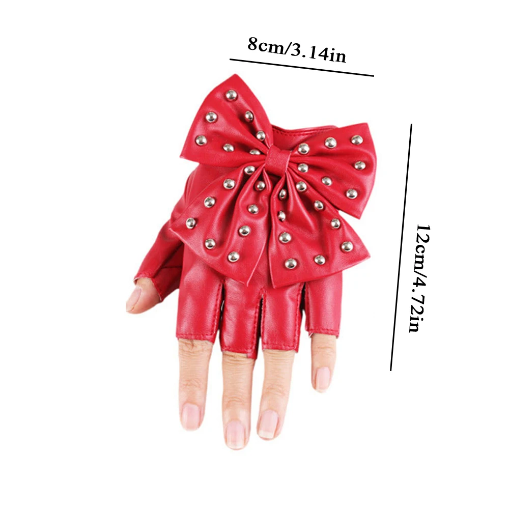 Half Finger Mittens Leather Gloves Big Bow Fingerless Gloves Classic Rivet Party Show Women Fashion High Quality Dancing Gloves