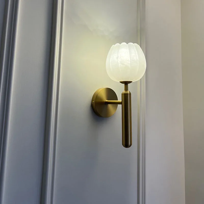 Modern Chinese Style Bedroom Bedside Flower Bud Marble Wall Lamp Luxury Living Room Background Porch Led Copper Lighting