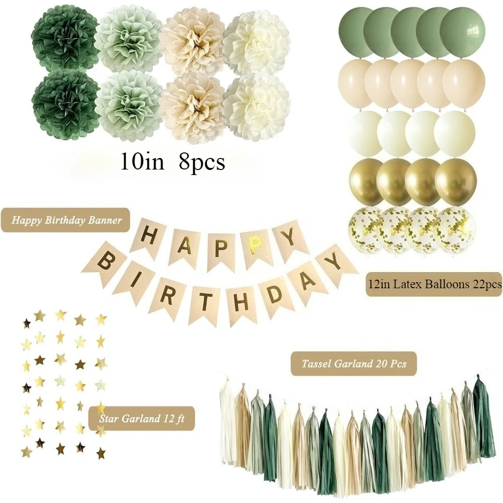 Green Birthday Party Decorations Paper Banner Circle Garland Hanging Swirl Paper Fans Lanterns Gold Balloons for Party Decor
