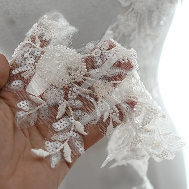 Embroidery Ivory Color Mariage Applique Beaded Lace Patches Sewing on Wedding Veil Decoration Lace 2023