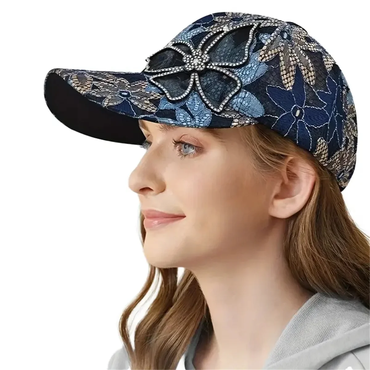 New Ladies small lace splicing breathable sunshade hat mesh inlaid diamond butterfly baseball cap