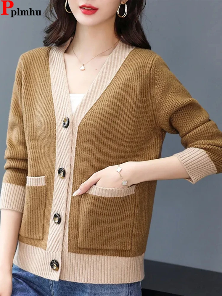 

Casual Sweater Cardigan Korean Loose Malhas Coat Elegant Soft Knitwears Jackets New V-neck Tops Outerwears Spliced Casaco