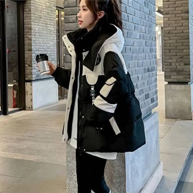 

2025 Winter New Black Western Style Medium Long Parker Cotton Coat Outerwear Small Lazy Style Loose Fashion Hooded Cotton Coat