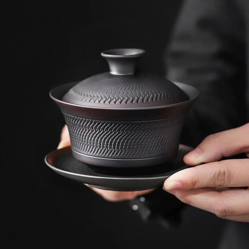 2026New Purple Clay Gaiwan Single Tea Bowl Handmade Carved High Value Gongfu Tea Set Tray Business Gift Office Hotel Anniversary